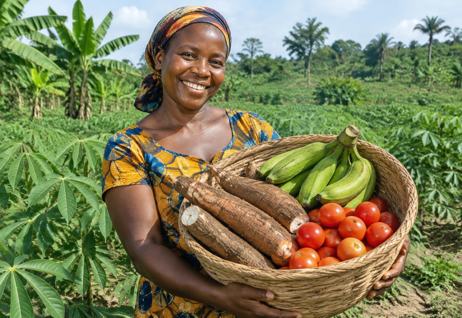 Agricultrice tenant un panier de manioc, plantain et tomates
